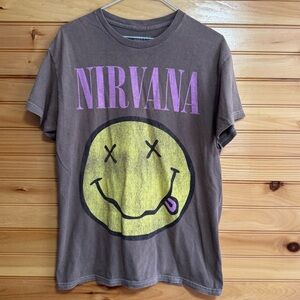 NIRVANA Brown Tee with Yellow Smiley Graphic Medium